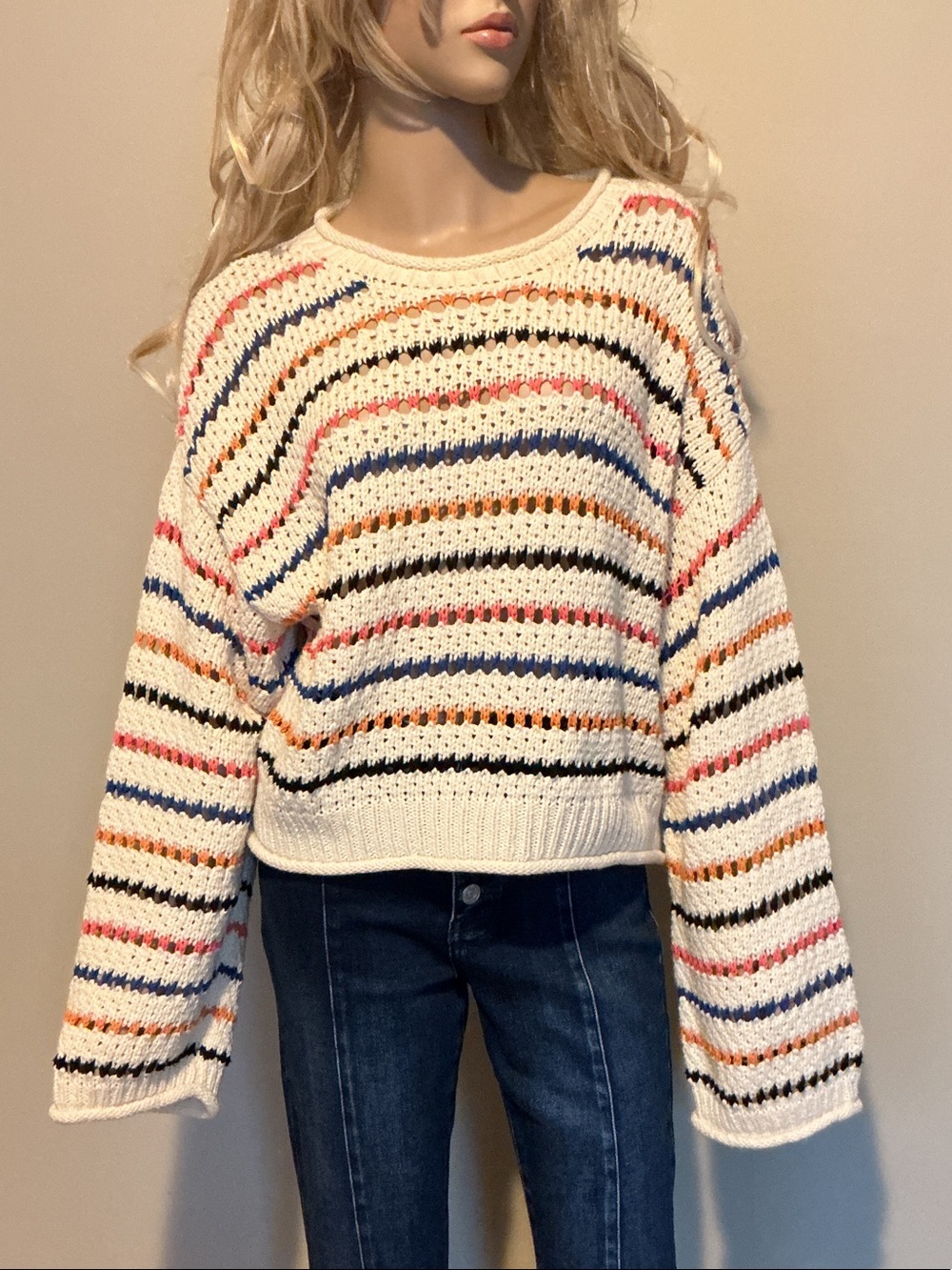 MOTHER Cream Crochet Crew Sweater with Blue and Orange Trim